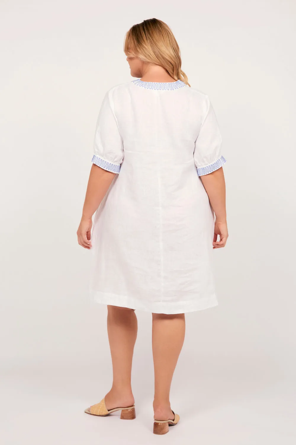 Kora A-Line Puff Sleeve Linen Dress in Island Breeze Adrift