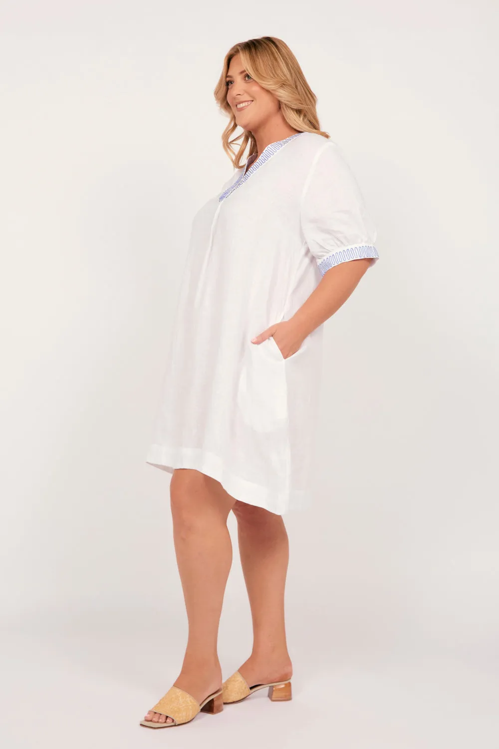 Kora A-Line Puff Sleeve Linen Dress in Island Breeze Adrift