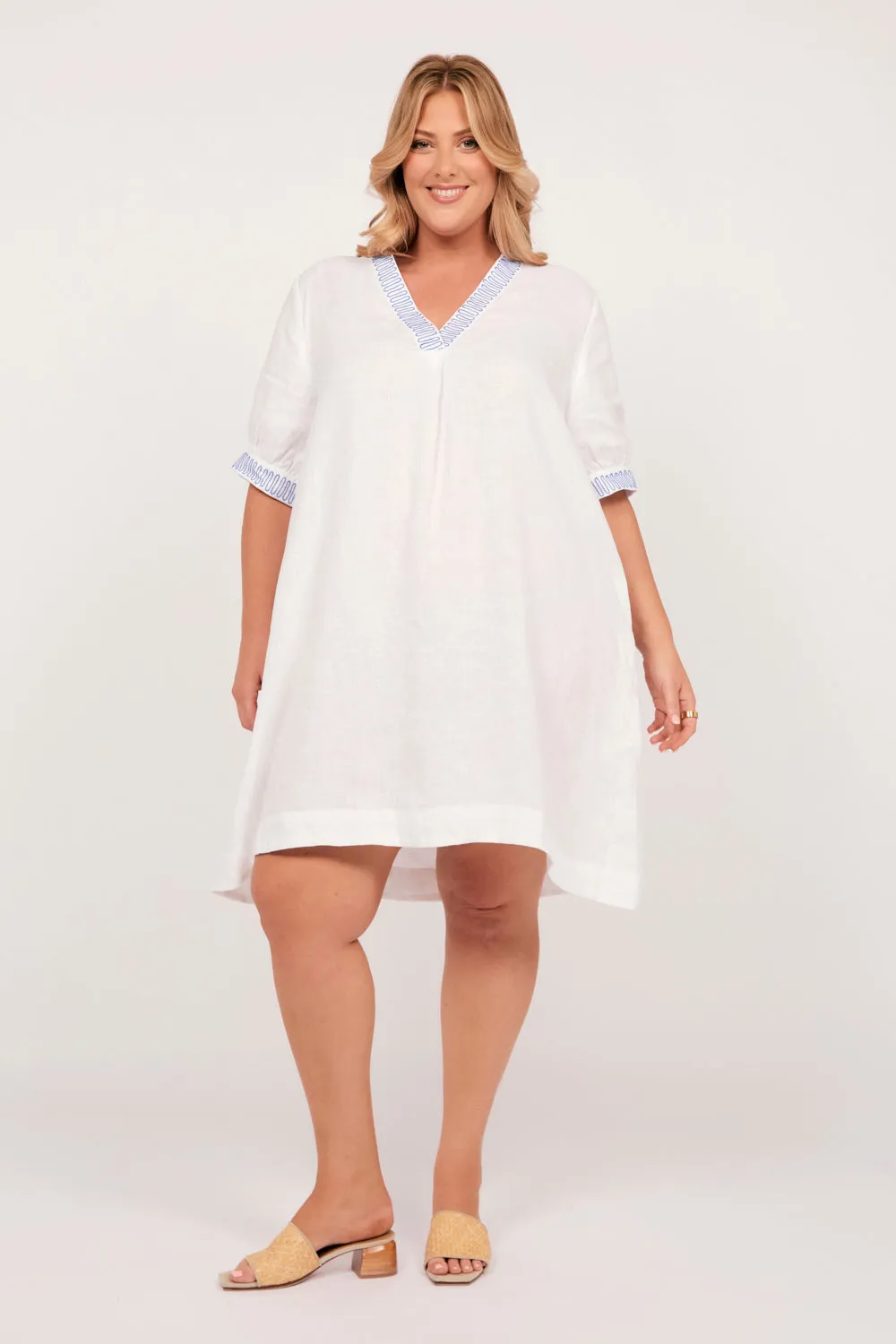 Kora A-Line Puff Sleeve Linen Dress in Island Breeze Adrift