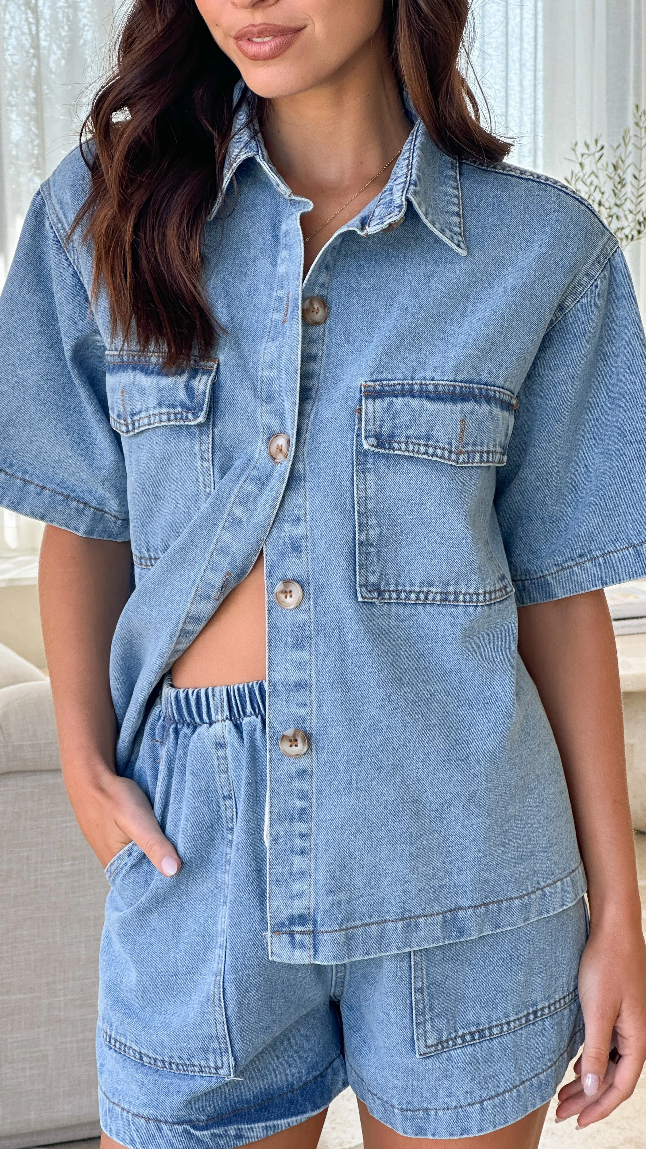Loretta Button Up and Shorts Set - Light Blue Denim Billy J