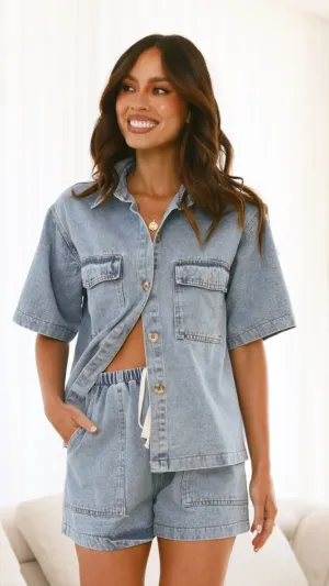 Loretta Button Up and Shorts Set - Light Blue Denim Billy J