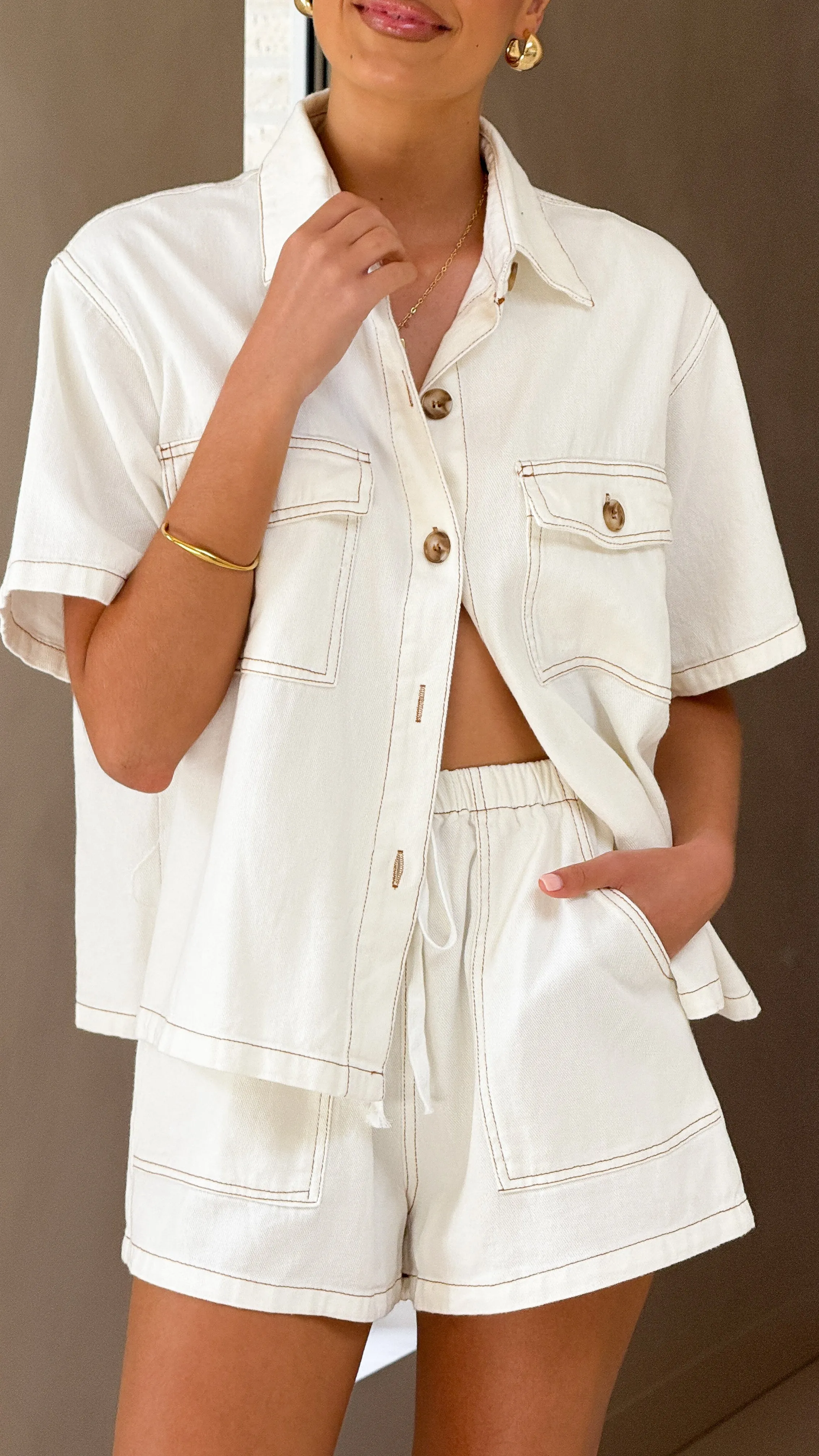 Loretta Button Up and Shorts Set - White Denim Billy J