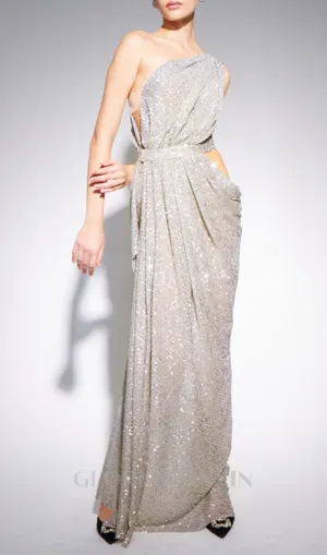 ONE-SHOULDER SEQUINS CUT OUT SPLIT MAXI DRESS Gloria Lanvin