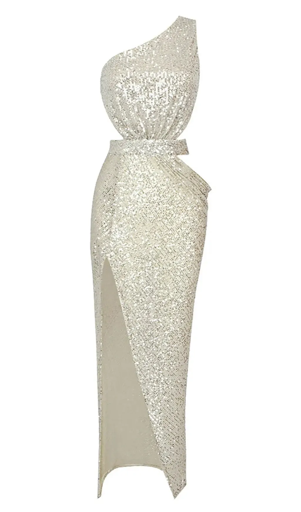 ONE-SHOULDER SEQUINS CUT OUT SPLIT MAXI DRESS Gloria Lanvin