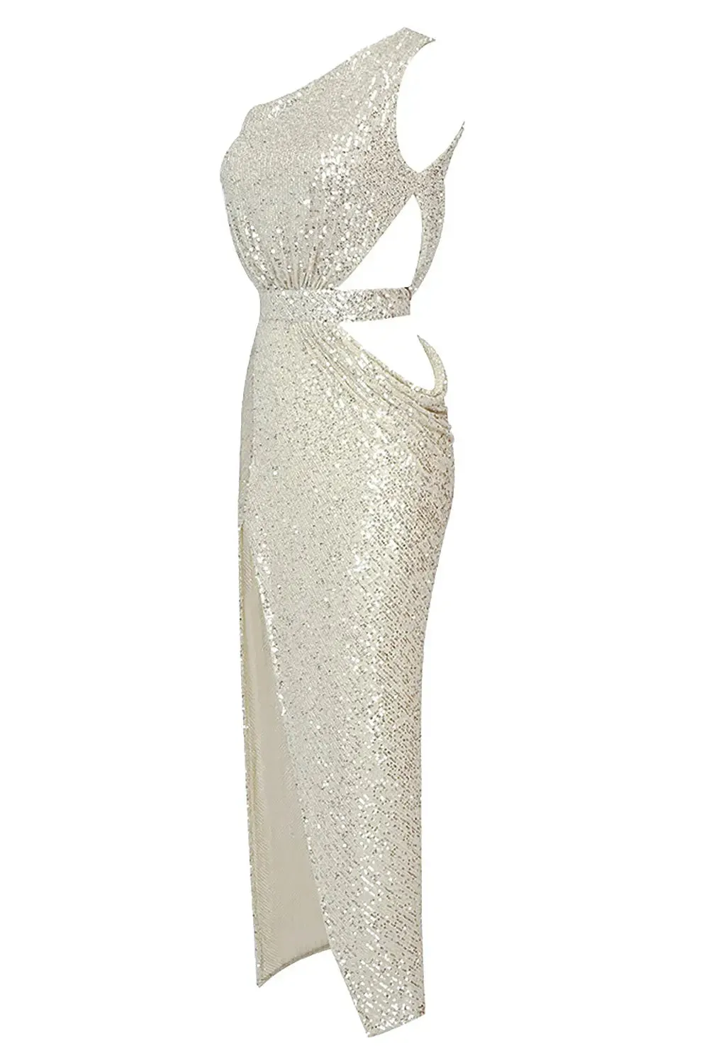 ONE-SHOULDER SEQUINS CUT OUT SPLIT MAXI DRESS Gloria Lanvin