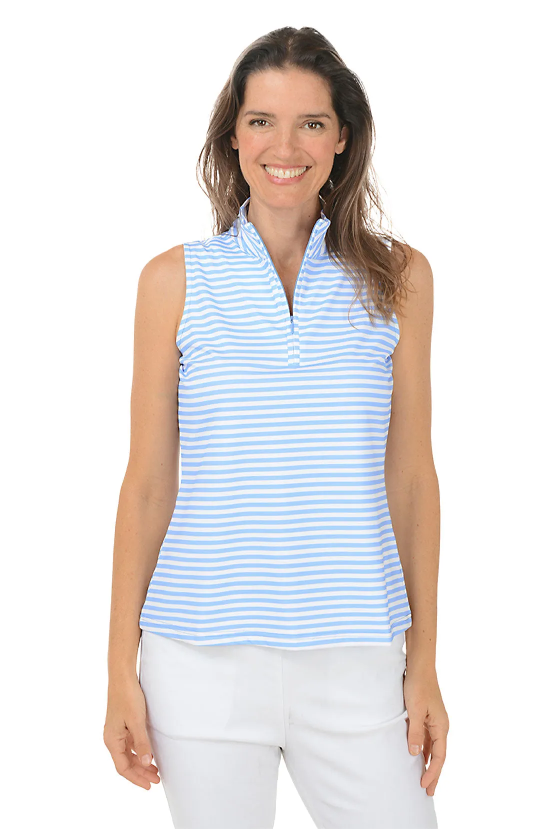 Periwinkle Striped UPF50  Sleeveless Zip Top