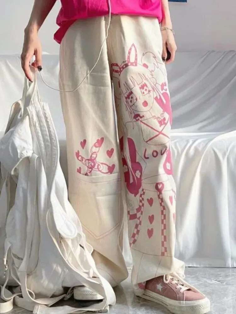 Pink Anime Print Baggy Pants