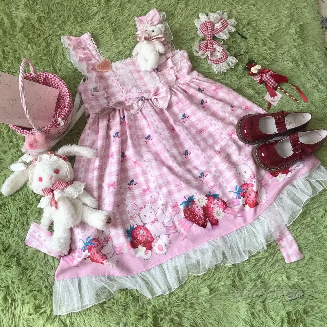 Plaid Strawberry Bunny Princess Dress