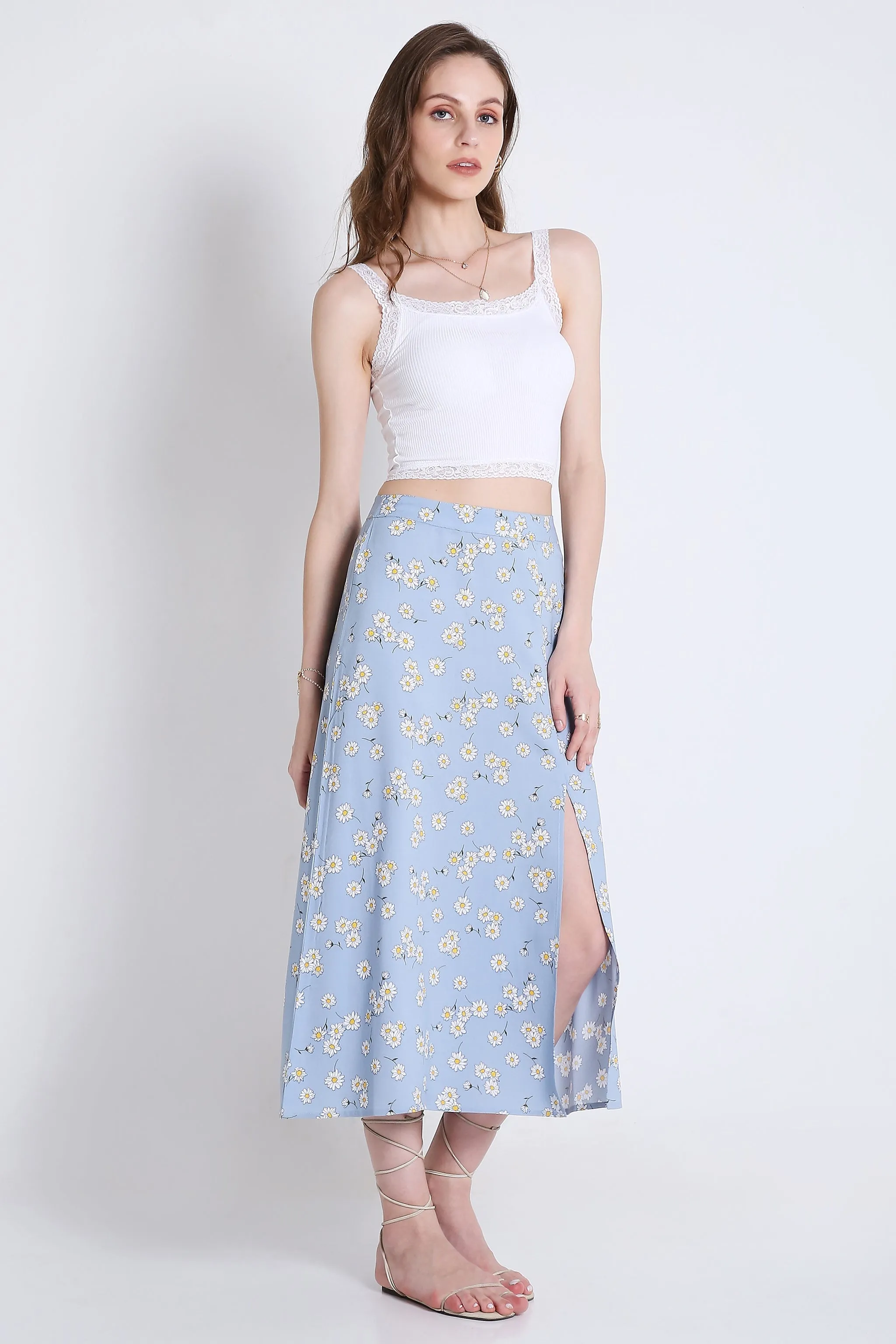 Printed Summer Midi Skirt with Slit French Theory
