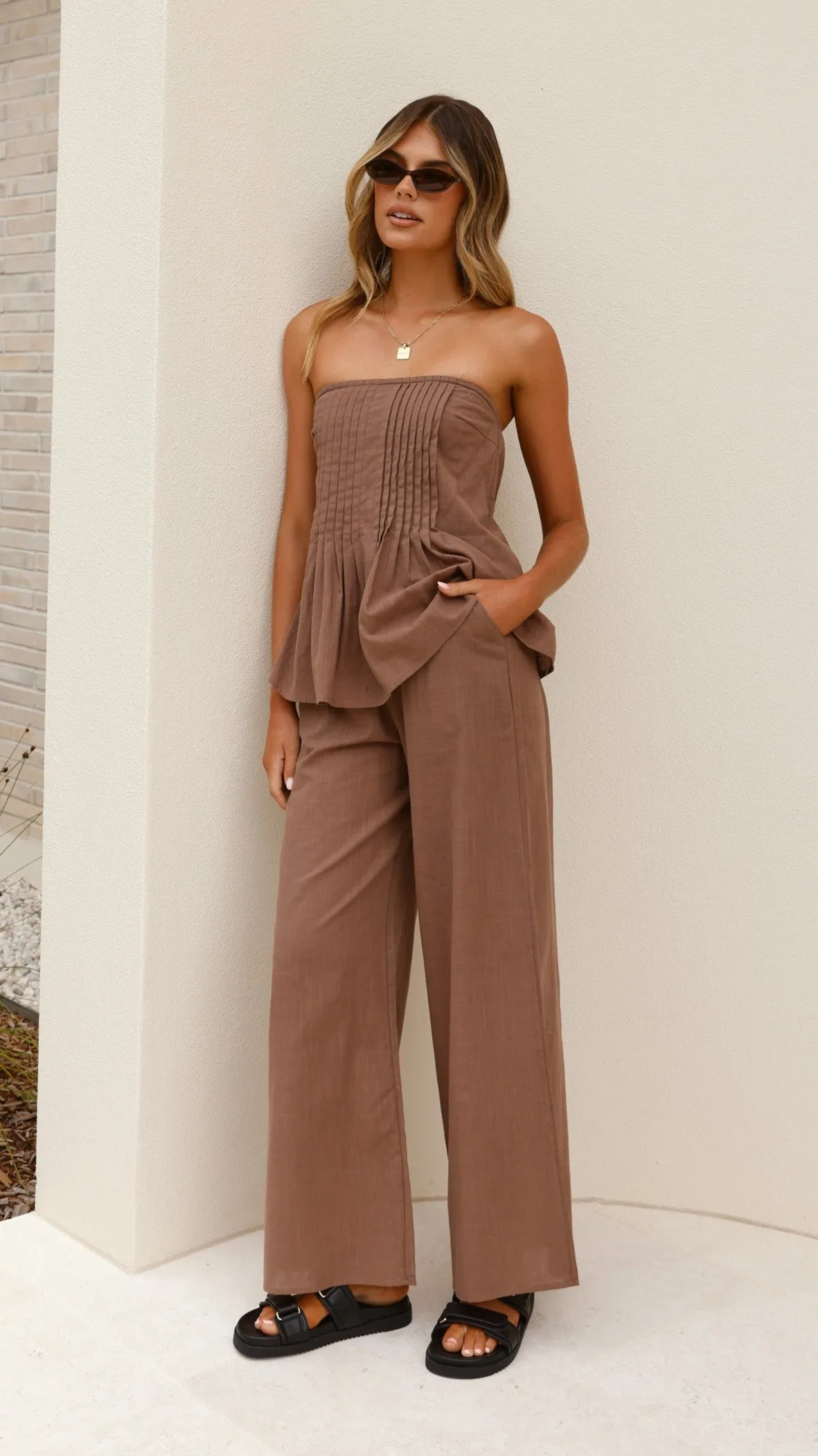 Sharni Strapless Pleat Top and Pants Set - Chocolate Billy J