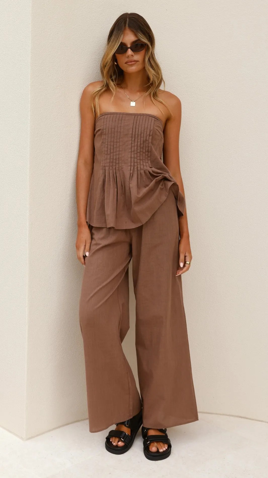 Sharni Strapless Pleat Top and Pants Set - Chocolate Billy J