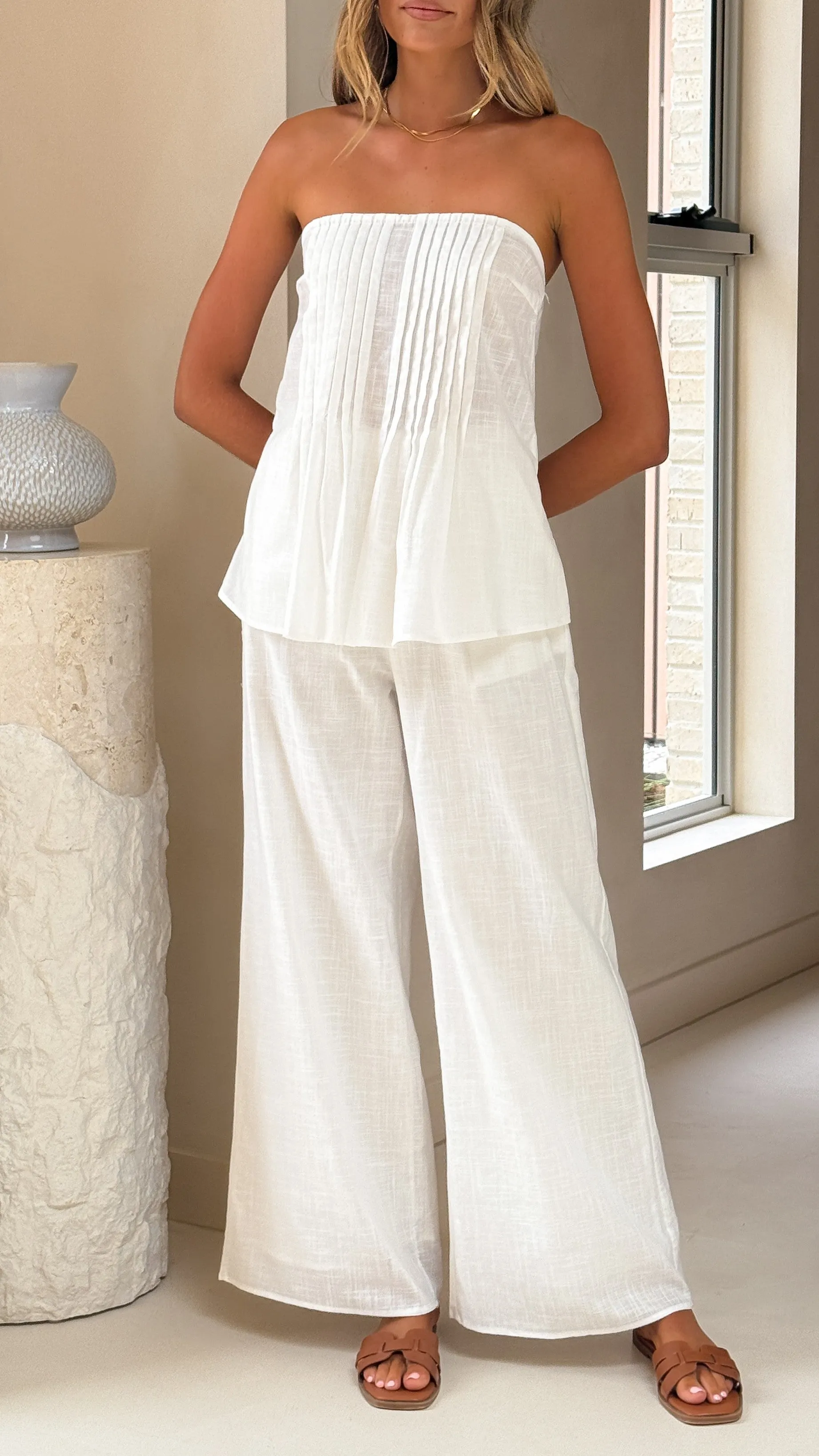 Sharni Strapless Pleat Top and Pants Set - White Billy J