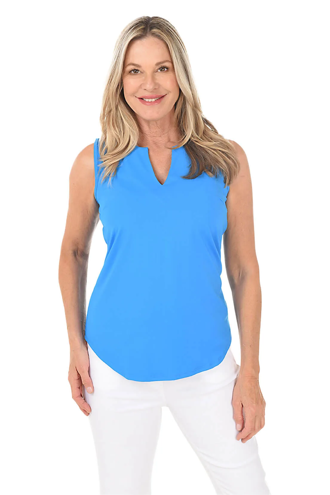 Solid UPF50  Split Neck Sleeveless Top