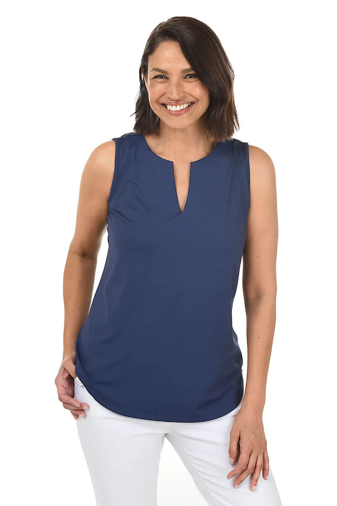 Solid UPF50  Split Neck Sleeveless Top