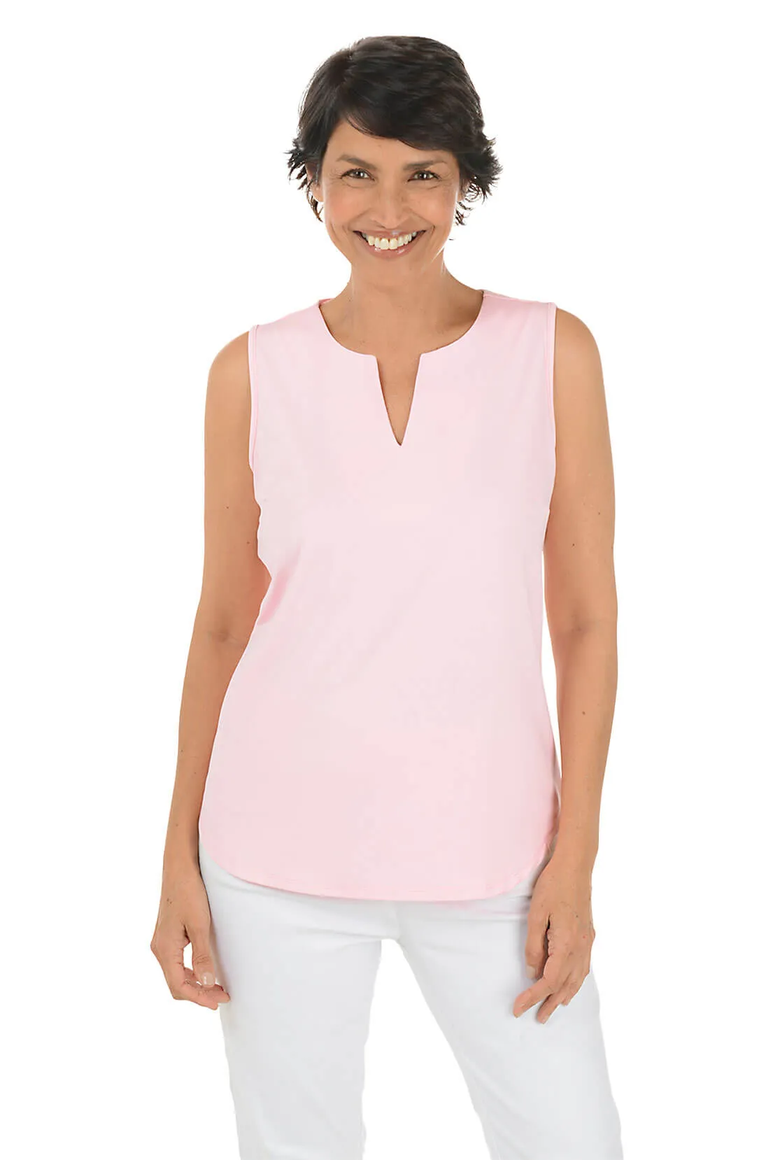 Solid UPF50  Split Neck Sleeveless Top