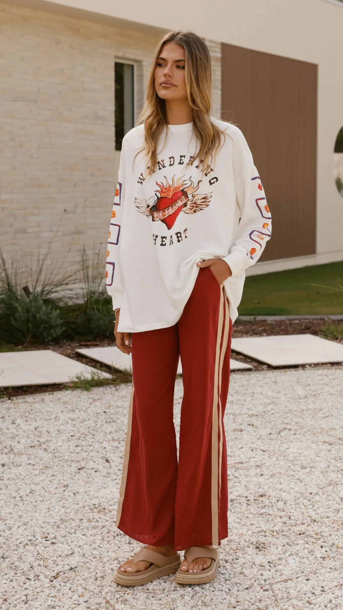 Wandering Heart Long Sleeve Top and Pants Set - Dark Red Billy J
