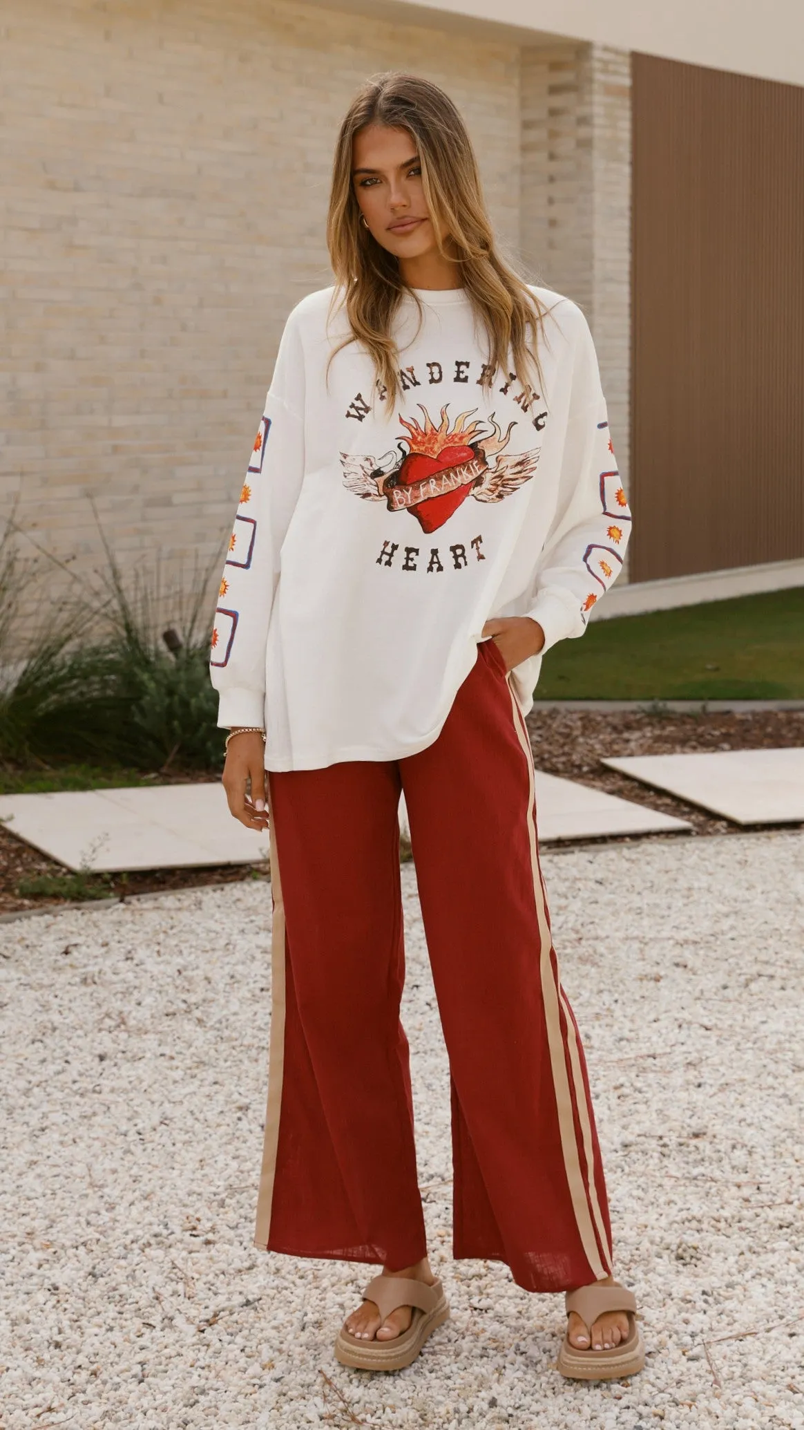 Wandering Heart Long Sleeve Top and Pants Set - Dark Red Billy J
