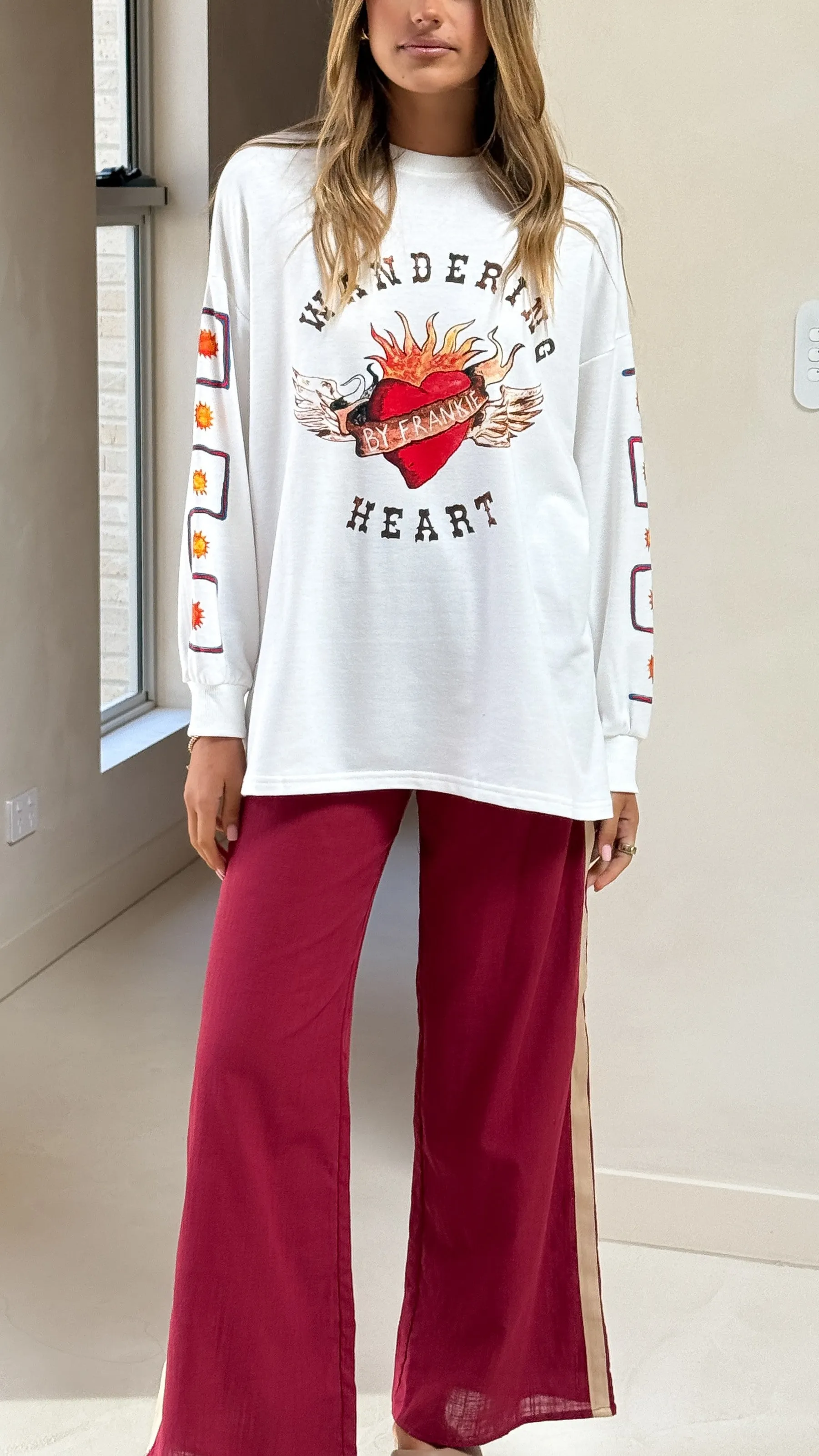 Wandering Heart Long Sleeve Top and Pants Set - Dark Red Billy J